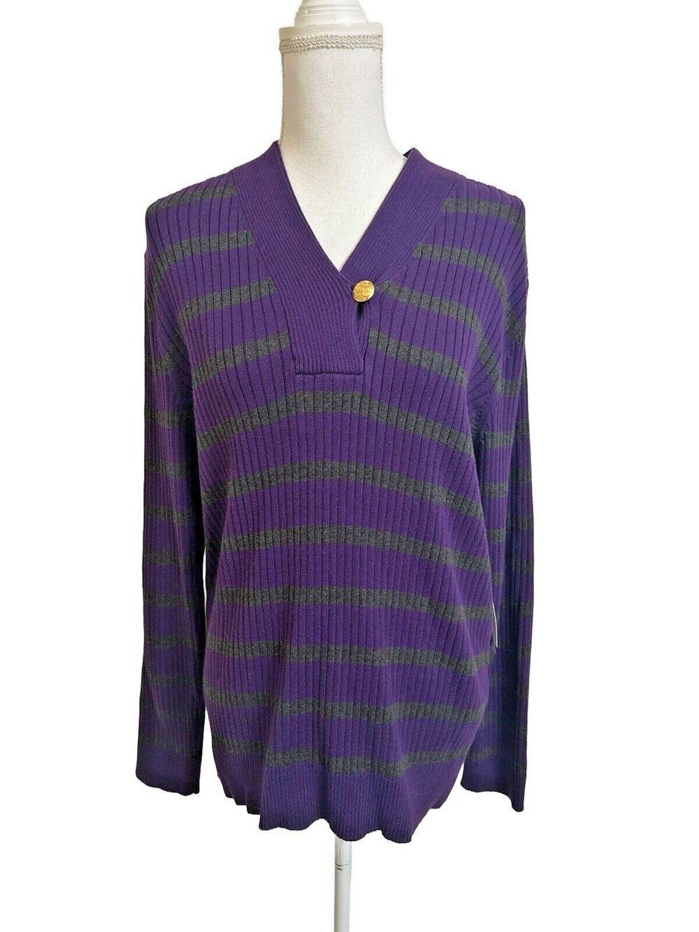 NWT Lauren Ralph Lauren Women's 2X Purple & Gray Striped V-Neck Sweater NEW